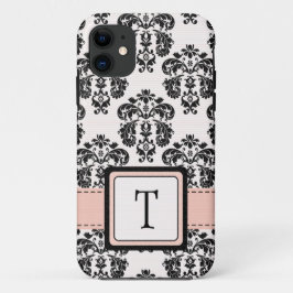 Funda Para iPhone 11 Damasco negro rosado con monograma