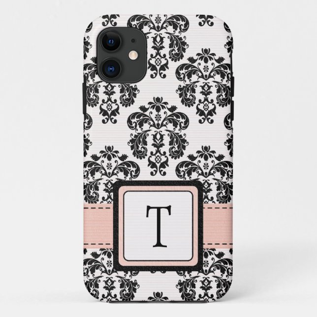 Funda De Case-Mate Para iPhone Damasco negro rosado con monograma (Reverso)