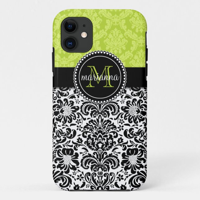 Funda De Case-Mate Para iPhone Damasco negro verde elegante personalizado (Reverso)