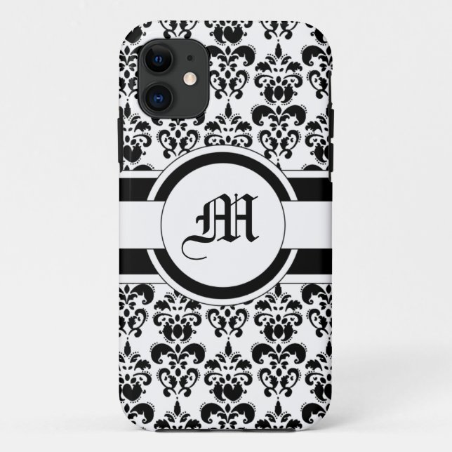 Funda De Case-Mate Para iPhone Damasco negro y monograma (Reverso)