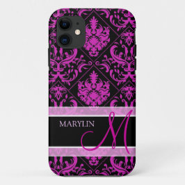 Funda Para iPhone 11 Damasco púrpura y negro elegante con el monograma
