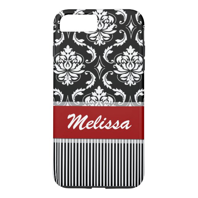 Funda De Case-Mate Para iPhone Damasco rojo, blanco, negro personalizado rayado (Reverso)