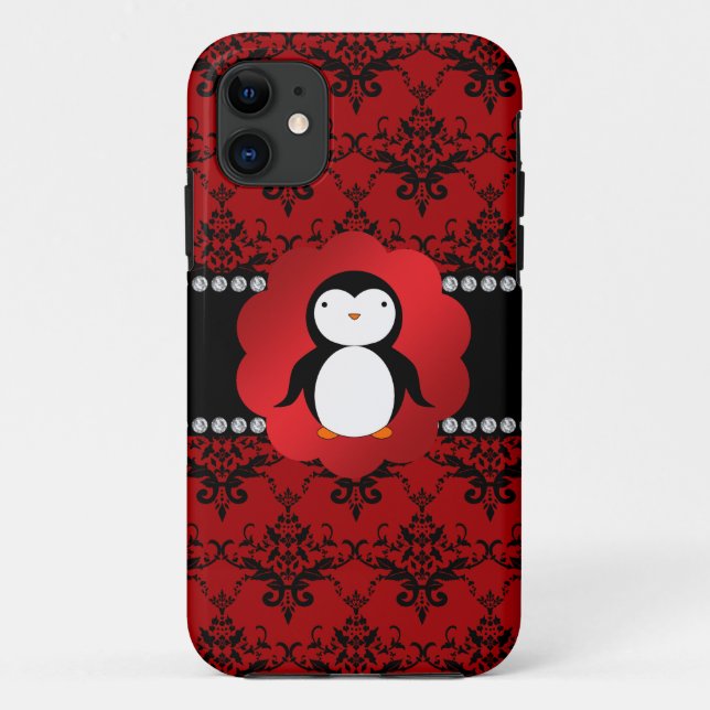 Funda De Case-Mate Para iPhone Damasco rojo de pingüino (Reverso)