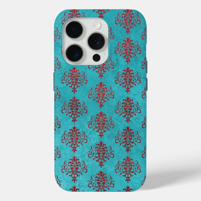 Funda De Case-Mate Para iPhone Damasco rojo texturado sobre el patrón Verde azula (Reverso )