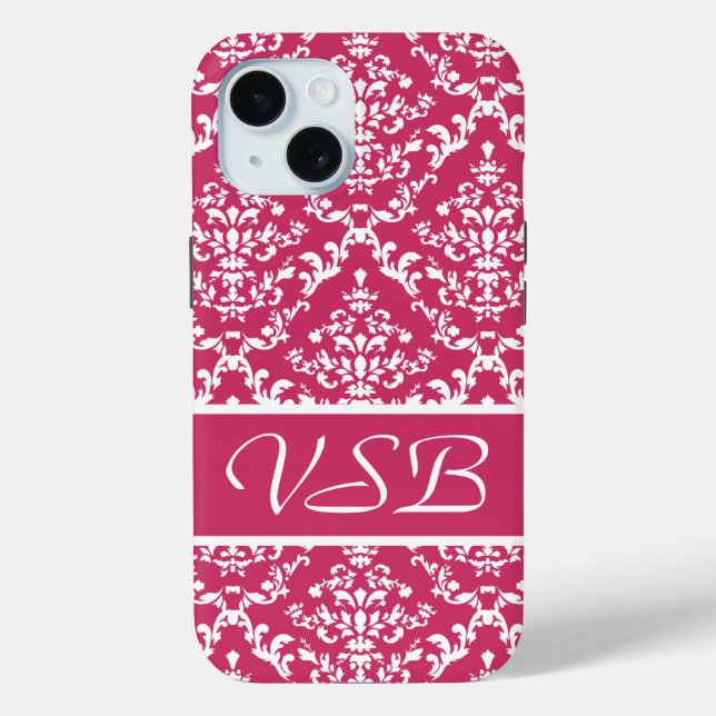 Funda De Case-Mate Para iPhone Damasco rosa #1 con monograma en VictoriaShaylee (Reverso )