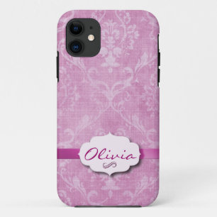 Funda Para iPhone 11 Damasco rosa con placa de nombre