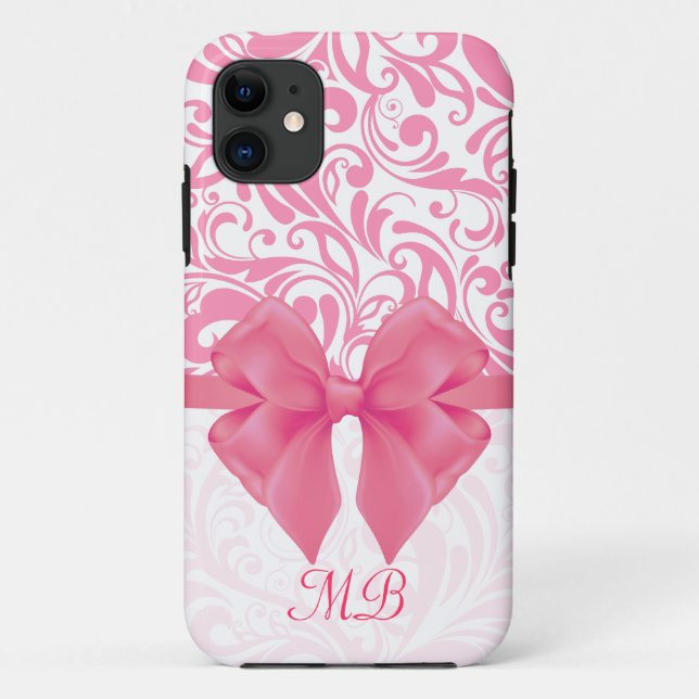 Funda De Case-Mate Para iPhone Damasco rosado con monograma y cinta rosada (Reverso)