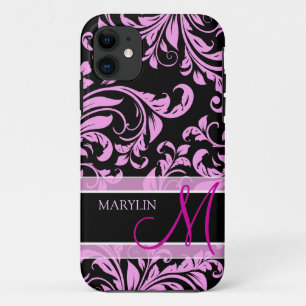 Funda Para iPhone 11 Damasco rosado y negro elegante con el monograma