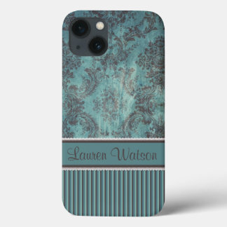 Funda Para iPhone 13 Damasco ventilado verde azulado Monograma marrón