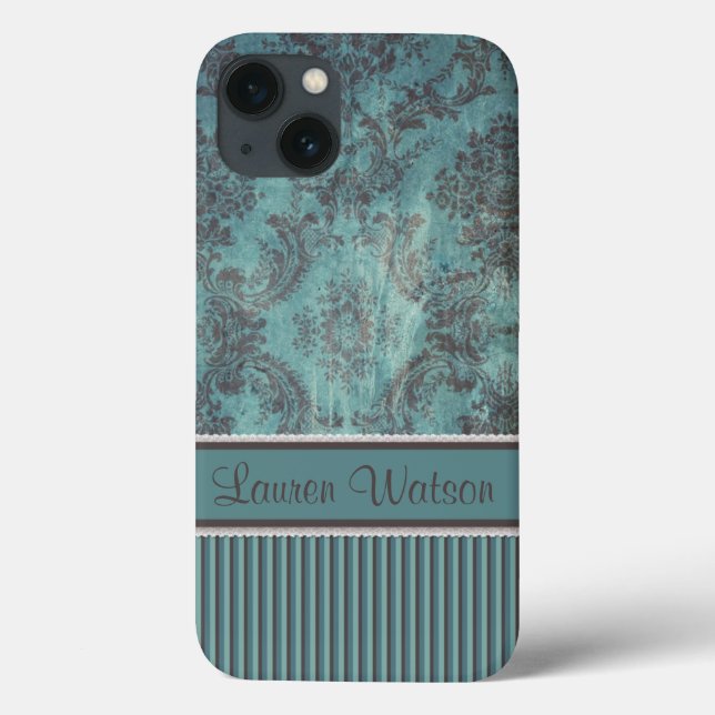 Funda De Case-Mate Para iPhone Damasco ventilado verde azulado Monograma marrón (Reverso)