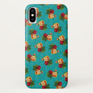 Funda Para iPhone X Damasco Verde azulado del patrón de Rosa de la Par