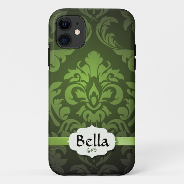 Funda De Case-Mate Para iPhone Damasco verde con nombre (Reverso)