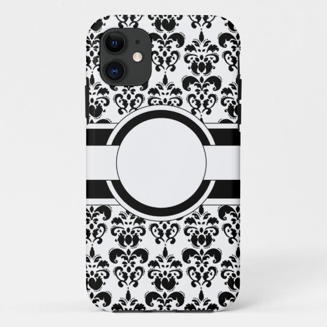 Funda De Case-Mate Para iPhone Damasco y monograma negros (Reverso)