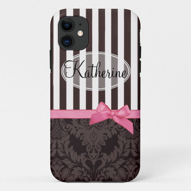 Funda De Case-Mate Para iPhone Damasco y rayas negros elegantes (Reverso)