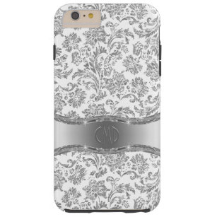 Funda Resistente Para iPhone 6 Plus Damascos florales de plata blanca y metálica