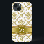 Funda Para iPhone 13 Damascos Florales Metálicos De Oro Y Vintage Blanc<br><div class="desc">Elegante patrón de damascos florales adornados de oro metálico y blanco con monograma/nombre personalizado y opcional.</div>