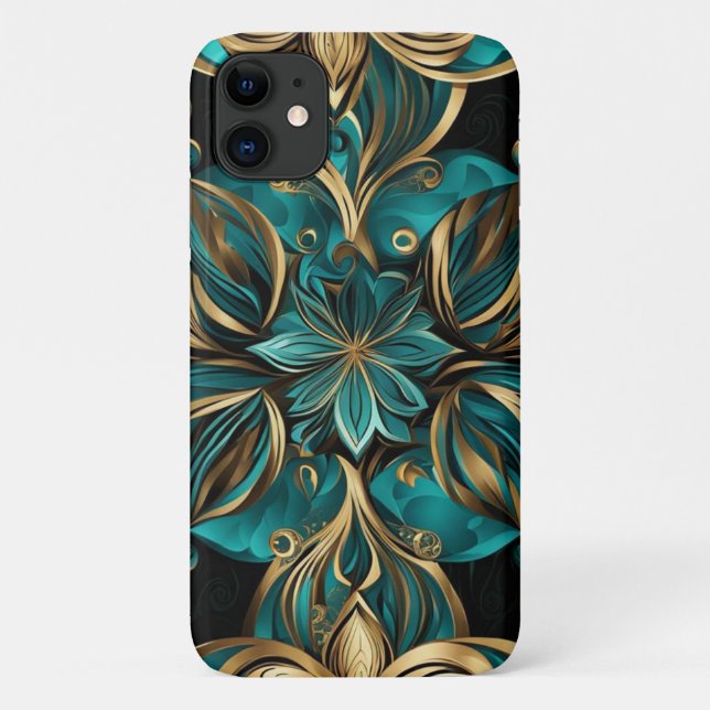 Funda De Case-Mate Para iPhone Damask Flower Gold Esmeralda Black (Reverso)