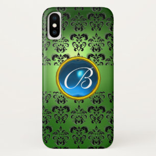 Funda Para iPhone X DAMASK GEM MONOGRAM azul negro verde