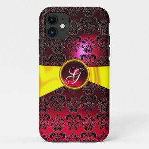 Funda Para iPhone 11 DAMASK GIRLY MONOGRAM lazo amarillo dorado rojo