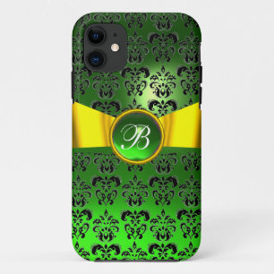 Funda Para iPhone 11 DAMASK GIRLY MONOGRAM lazo amarillo dorado verde