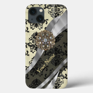 Funda Para iPhone 13 Dámaso negro y crema personalizada