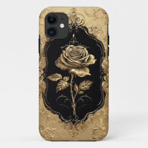 Funda Para iPhone 11 Decoración de Rosa con Embellimientos Dorados