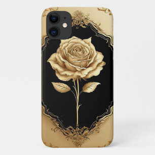 Funda Para iPhone 11 Decoración de Rosa con Embellimientos Dorados