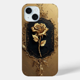 Funda Para iPhone 15 Decoración de Rosa con Embellimientos Dorados