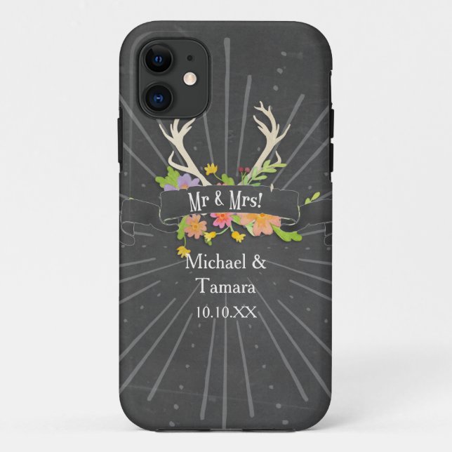 Funda De Case-Mate Para iPhone Deer Antler Wildflower Starburst Rustic Mr. y Mrs. (Reverso)