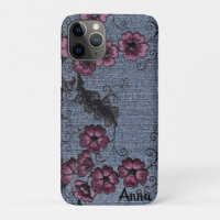 *~* Demin Black Scrolls Pink Flowers