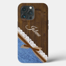 Funda Para iPhone 13 Pro Denim de madera y tema occidental de encaje 