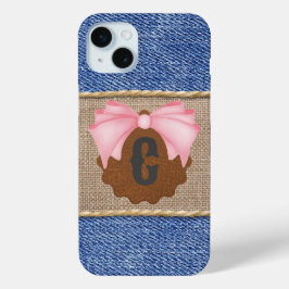 Funda Para iPhone 15 Mini Denim y cuero personalizados con lazo rosa