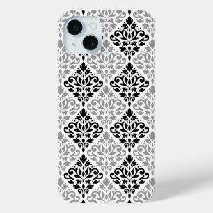 Funda Para iPhone 15 Mini Desplazamiento Damask Gran patrón negro gris blanc
