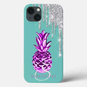 Funda Para iPhone 13 Destellos de plata que gotean Piña Metálica Verde 