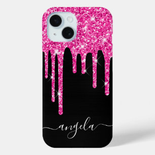 Funda Para iPhone 15 Destellos de Rosa Brillante Goteo Negro Firma Glam