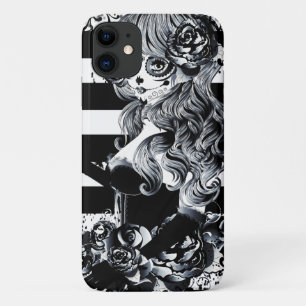 Funda Para iPhone 11 Día de Muertos Calavera de Azúcar de Franjas Negra