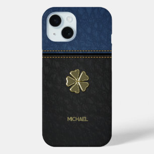 Funda Para iPhone 15 Día de San Patricio Shamrock, Cuero Azul Negro