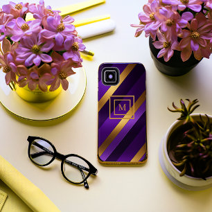 Funda Para iPhone 15 Mini Diagonal púrpura y dorada rayada monogramada