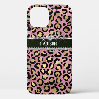 Funda Para iPhone 12 Diamante de oro negro rosado de leopardo personali