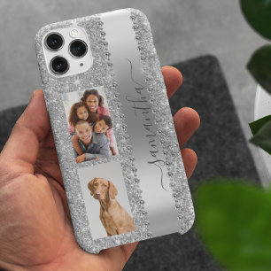 Funda Para iPhone 12 Pro Diamante Foto Brillante Monograma Nombre Plateado