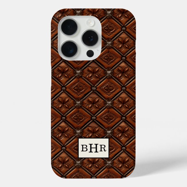 Funda De Case-Mate Para iPhone Diamante Marrón de Cuero Monogramado (Reverso )