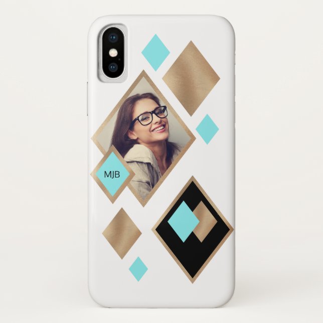 Funda De Case-Mate Para iPhone Diamantes geométricos con foto y monograma (Reverso)