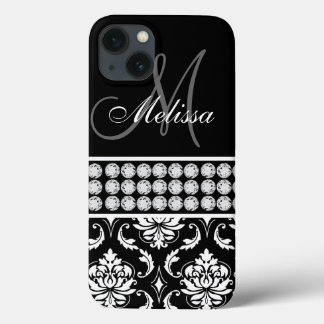Funda Para iPhone 13 Diamantes impresos damasco negro personalizados