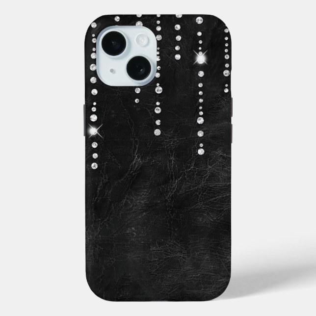 Funda De Case-Mate Para iPhone Diamantes sobre cuero negro (Reverso )