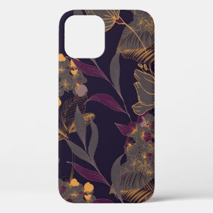 Funda Para iPhone 12 Dibujo abstracto de flores y hojas sobre un dorado