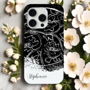 Funda Para iPhone 15 Pro Dibujo floral de línea de escritura de nombre blan