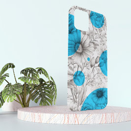 Funda Para iPhone 15 Dibujo floral moderno Cyan Blue Retro círculos