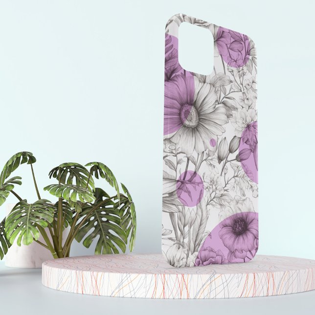 Funda De Case-Mate Para iPhone Dibujo floral moderno lilo púrpura círculos retro (Lilac purple retro circles on black and white drawing sketch of peony flowers, on a phone case.)