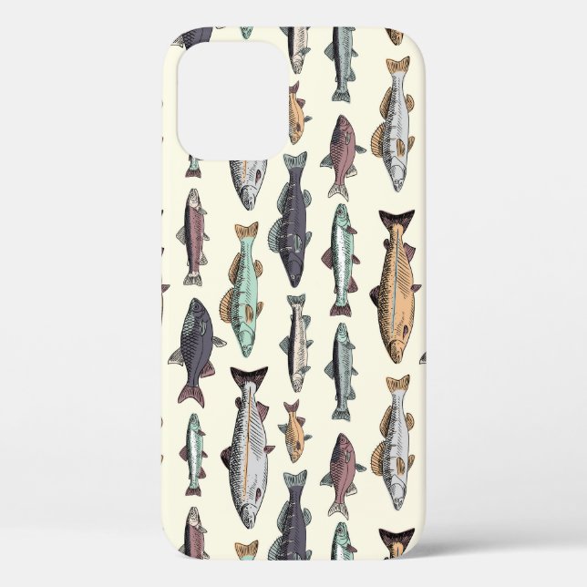 Funda De Case-Mate Para iPhone Dibujos de peces de época, patrón sin costuras. (Reverso )