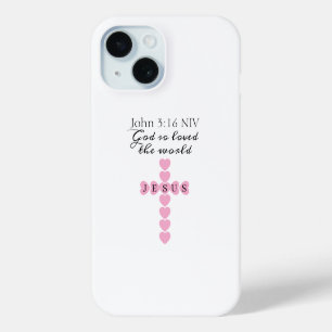Funda Para iPhone 15 Dios Amó Tanto al Mundo Cruz de Corazón Rosa
